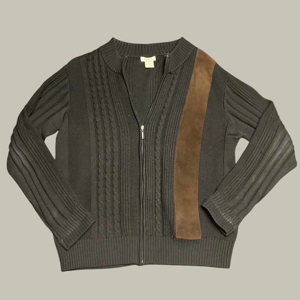 Tagio merino wool full zip cardigan ribbed cable knit eclectic luxury mock neck